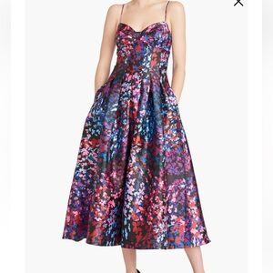 NWT ML MONIQUE LHUILLIER Floral Satin Fit-and-flaremidi-dress In Confetti Floral